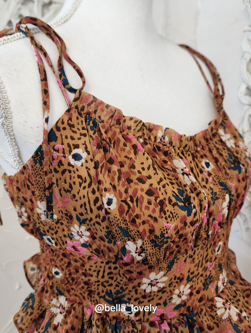 NWT Spring Floral Tiered Ruffle Mini Dress in Warm Brown Summer - Picture 6 of 8